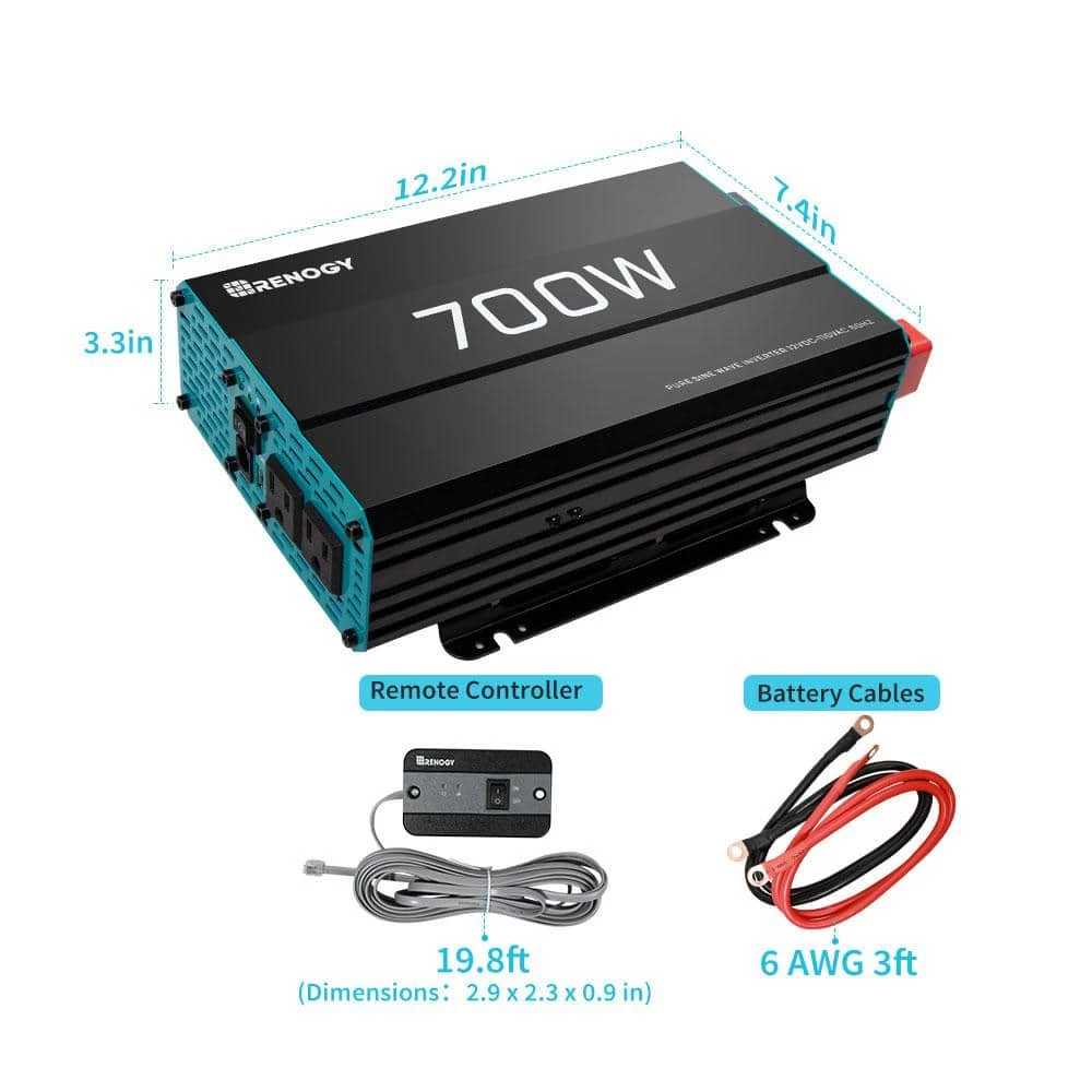 700-Watt Pure Sine Wave Inverter 12V DC to 120V AC Converter for Off-Grid Solar Power w/ Built-in 5V/2.1A USB Port by Renogy - Image 3