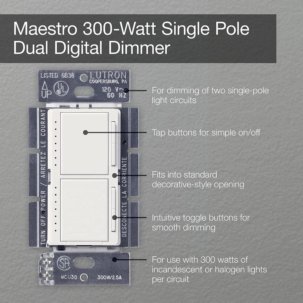 Maestro 300-Watt Single-Pole Dual Dimmer - Snow by Lutron - Image 4
