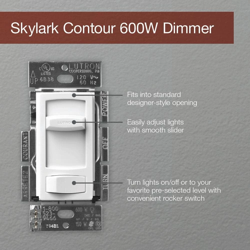 Skylark Contour 600-Watt Single-Pole Preset Dimmer - White by Lutron - Image 5