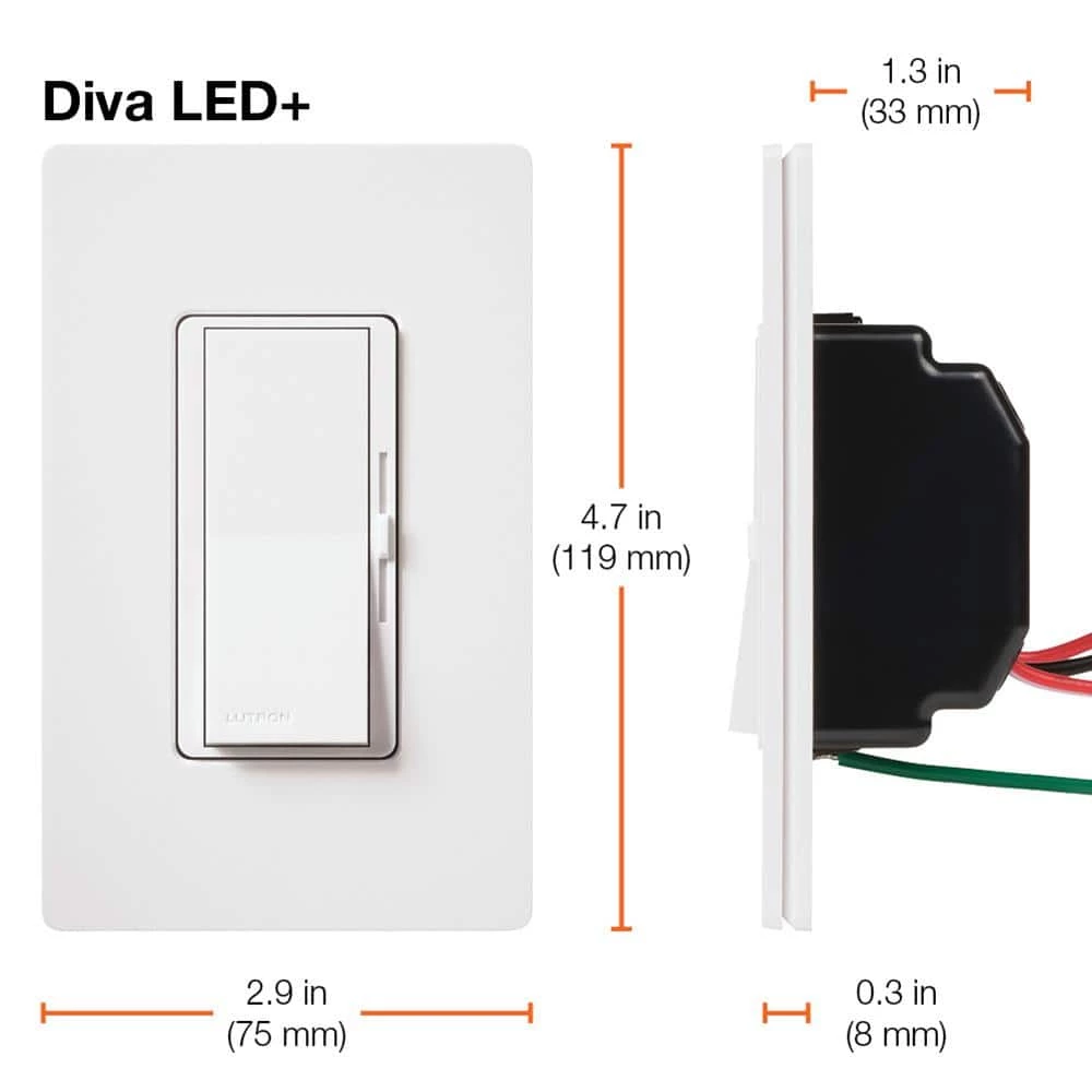 Diva LED+ Dimmer Switch for Dimmable LED, Halogen and Incandescent Bulbs, Single Pole or 3 Way, White (2 Pack) by Lutron - Image 8