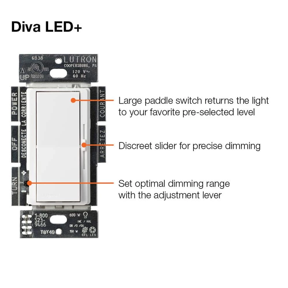 Diva 250W LED+ Dimmer Switch for Dimmable LED, Halogen and Incandescent Bulbs, Single-Pole or 3-Way, White by Lutron - Image 10