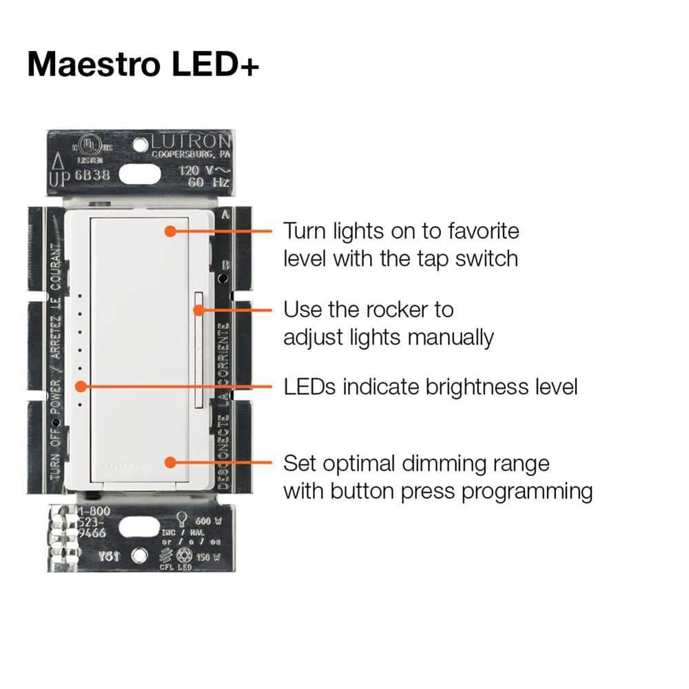 Maestro LED+ Dimmer Switch Kit for Dimmable LED, Halogen and Incandescent Bulbs, 3-Way or Multi-Location, White by Lutron - Image 10