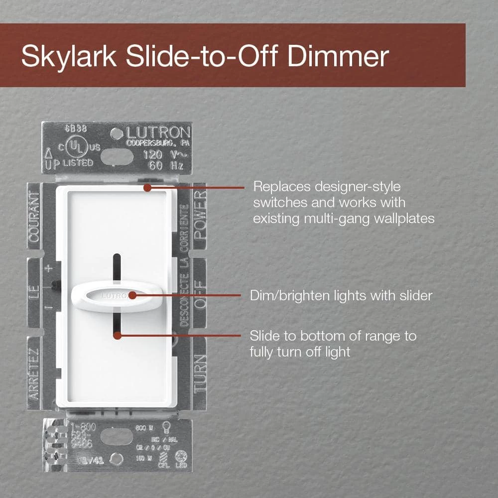 Skylark 600-Watt Single-Pole Slide-to-Off Dimmer - White by Lutron - Image 4