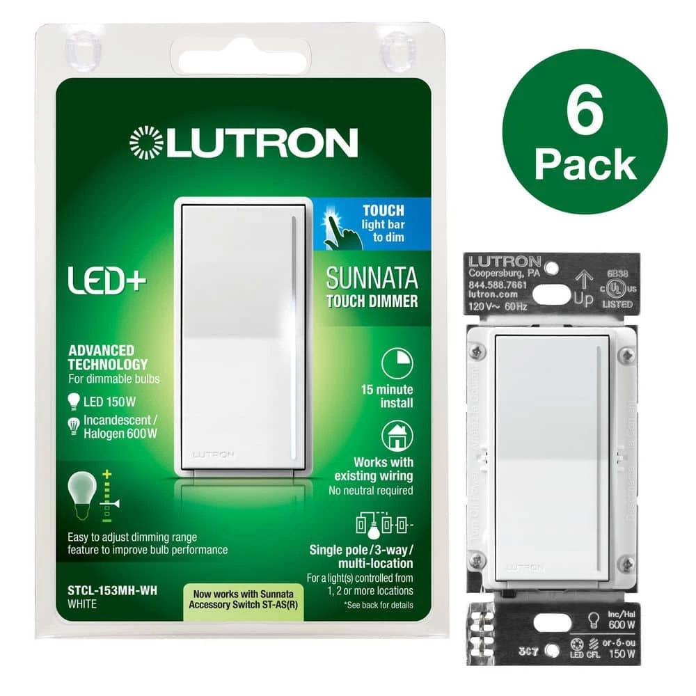 Sunnata 3-Way/Multi-Location LED Plus Touch Dimmer Switch, for LED Incandescent/Halogen Bulbs in White (6-Pack) by Lutron