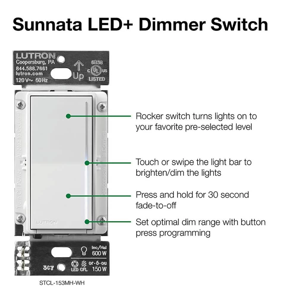 Sunnata 3-Way/Multi-Location LED Plus Touch Dimmer Switch with Wallplate, for LED Bulbs in White (6-Pack) by Lutron - Image 8