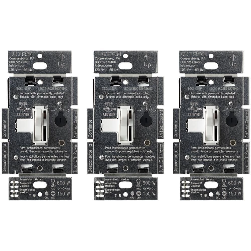 Toggler LED Dimmer Switch for Dimmable LED, Halogen and Incandescent Bulbs, Single-Pole or 3-Way, White (3-Pack) by Lutron