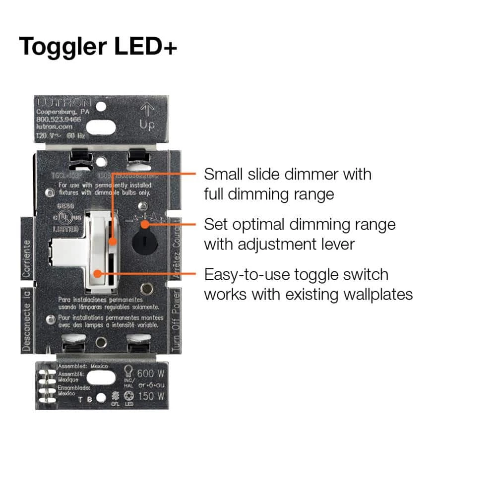 Toggler LED Dimmer Switch for Dimmable LED, Halogen and Incandescent Bulbs, Single-Pole or 3-Way, White (3-Pack) by Lutron - Image 12