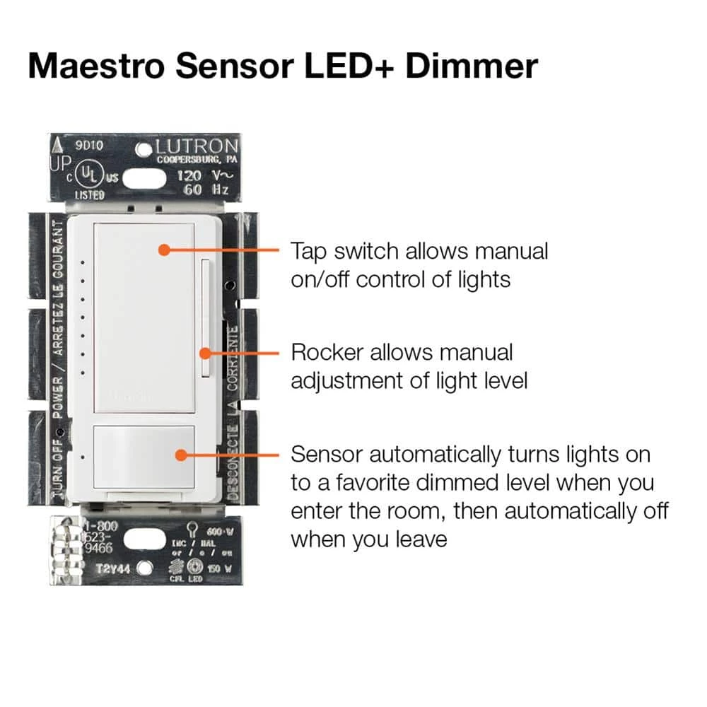 Maestro LED+ Dimmer and Motion Sensor with Wallplate, Single Pole and Multi-Location, White by Lutron - Image 7